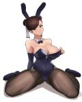 1girl animal_ears areola_slip areolae bangs bare_shoulders black_legwear black_leotard bow bowtie breasts brown_eyes brown_hair bunny_ears bunny_girl bunnysuit cameltoe capcom chun-li cleavage cleavage_reach collarbone commentary covered_navel detached_collar detached_sleeves donburikazoku english_commentary fake_animal_ears full_body hair_ribbon head_tilt highres large_breasts leotard lips looking_at_viewer no_bra pantyhose pumps ribbon short_hair sitting smile solo strapless strapless_leotard street_fighter swept_bangs thick_thighs thighband_pantyhose thighs unaligned_breasts wariza white_background 