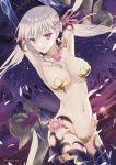  1girl armlet armor armpits arms_up artist_name bangs bare_shoulders bikini_armor black_legwear breasts choker cleavage closed_mouth collarbone commentary_request cowboy_shot double_exposure earrings elbow_gloves eyebrows_visible_through_hair fate/grand_order fate_(series) floating_hair flower gloves gold hair_ribbon highleg highres jewelry kama_(fate/grand_order) long_hair looking_at_viewer medium_breasts natsumeg_999 navel pasties petals pink_flower red_eyes red_ribbon revealing_clothes ribbon silver_hair smile solo stomach thighhighs thighlet twitter_username very_long_hair 
