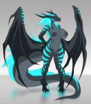  2019 4_toes 5_fingers anthro antlers areola big_breasts black_sclera blue_eyes blue_hair blue_stripes breasts claws digital_media_(artwork) dragon glowing hair hi_res horn huge_breasts long_hair membranous_wings nipples pussy scalie simple_background stripes toes western_dragon wings xenoda 