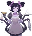  1girl absurdres apron bow extra_arms extra_eyes fangs food highres ice_cream insect_girl maid maid_headdress maid_outfit muffet purple_skin ribbon skirt spider_girl tea teapot twintails undertale 