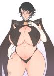  1girl areola_slip areolae bayonetta_(character) bayonetta_2 black_hair blue_eyes breasts cleavage cuccoking curvy erect_nipples glasses huge_breasts large_areolae looking_at_viewer parted_lips plump short_hair solo standing thick_thighs thighs wide_hips 