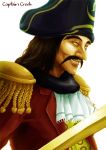  1boy black_hair captain_crook character_name cravat facial_hair grin hat long_hair mcdonald&#039;s mustache nurikabe_(mictlan-tecuhtli) orange_eyes pirate pirate_hat sidelocks simple_background smile solo sword weapon white_background 