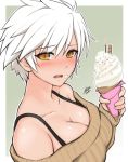  1girl airisubaka artist_name bare_shoulders beige_sweater blush border bra_strap breasts cleavage collarbone commentary eyebrows_visible_through_hair food food_on_face gradient gradient_background green_background highres ice_cream large_breasts looking_at_viewer miyabi_(senran_kagura) off-shoulder_sweater off_shoulder open_mouth outline senran_kagura short_hair simple_background solo sweater upper_body white_hair white_outline yellow_eyes 