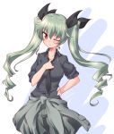  1girl adjusting_clothes adjusting_necktie anchovy anzio_military_uniform bangs black_neckwear black_ribbon black_shirt blush clothes_around_waist commentary dated dress_shirt drill_hair eyebrows_visible_through_hair girls_und_panzer green_hair grey_jacket grey_pants hair_ribbon hand_on_hip head_tilt highres jacket kuzuryuu_kennosuke long_hair long_sleeves looking_at_viewer loose_necktie military military_uniform necktie one_eye_closed pants red_eyes ribbon shirt simple_background sleeves_rolled_up solo standing twin_drills twintails twitter_username uniform white_background 