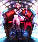 1girl blue_eyes boots breasts cape chair closed_mouth commentary_request final_fantasy final_fantasy_xiii fingerless_gloves gloves highres lightning_farron long_hair looking_at_viewer masayoshi miniskirt pink_hair skirt smile solo sweater 