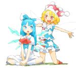  2girls adapted_costume alternate_hair_length alternate_hairstyle american_flag_shirt american_flag_skirt bangs bare_arms behind_another blonde_hair blue_eyes blue_hair blue_vest bow buck_teeth cirno clownpiece commentary_request dress fairy_wings hair_bow hands_on_own_leg hands_together hat indian_style jester_cap kneehighs kneeling long_hair looking_at_another multiple_girls open_mouth outstretched_arms parted_bangs petticoat red_eyes red_legwear red_neckwear ribbon shirt short_hair short_sleeves sidelocks sideways_glance simple_background sitting sleeveless sleeveless_shirt spread_arms touhou vest white_background white_dress white_legwear wings ziro_(daydozen) 