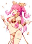  1girl :d ^_^ aaeru armlet bare_shoulders blush bracelet braid breasts cleavage closed_eyes commentary_request contrapposto cowboy_shot destiny_child erect_nipples eyes_closed facing_viewer floating_hair groin hair_ornament highres jewelry long_hair medium_breasts navel open_mouth pelvic_curtain pink_hair red_bikini_top simple_background smile solo standing stomach thighs twin_braids very_long_hair white_background 