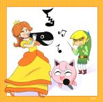  1boy 1girl band blonde_hair breasts brown_hair creatures_(company) crown dress earrings elf flower_earrings game_freak gem gen_1_pokemon gloves hat high_heels jewelry jigglypuff link mario_(series) microphone music nintendo orange_dress pointy_ears pokemon pokemon_(creature) princess_daisy puffy_short_sleeves puffy_sleeves short_sleeves super_mario_land super_smash_bros. sweat teeth the_legend_of_zelda the_legend_of_zelda:_the_wind_waker tomboy toon_link wand white_gloves 