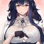  1girl :q azuma_(azur_lane) azur_lane black_gloves black_hair bra bra_peek breasts brown_eyes cleavage dress gloves hair_ornament heart heart-shaped_pupils highres large_breasts long_hair looking_at_viewer partially_unbuttoned smile solo symbol-shaped_pupils tongue tongue_out underwear user_pyhk2433 wavy_hair white_bra white_dress 