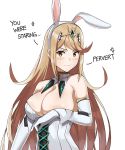  &gt;:( 1girl anger_vein animal_ears bangs bare_shoulders blonde_hair blush bodysuit breasts bunny_ears closed_mouth commentary corset covering_nipples elbow_gloves embarrassed english_text fake_animal_ears gloves hairband highres hikari_(xenoblade_2) j@ck large_breasts long_hair looking_at_viewer nintendo simple_background solo swept_bangs text_focus tiara upper_body v-shaped_eyebrows very_long_hair wavy_mouth white_background white_bodysuit white_gloves xenoblade_(series) xenoblade_2 