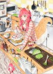  1girl :&lt; animal_ear_fluff animal_ears bangs bottle bowl bra breasts cake cleavage commentary_request counter cutting_board english_text fate/extra fate/grand_order fate_(series) food fox_ears fox_girl fox_tail fruit hair_ornament hair_scrunchie highres icing indoors jacket jewelry kitchen kitchen_knife kitchen_patissiere knife lettuce low_twintails marker_(medium) medium_breasts meme_attire microwave mittens necklace open_clothes open_jacket pastry_bag pepper photo_(object) pink_hair pink_jacket red_bra refrigerator scrunchie solo spring_onion stove strawberry striped striped_jacket tail tail_wagging tamamo_(fate)_(all) tamamo_no_mae_(fate) toaster traditional_media twintails underwear yellow_eyes yuan_long 