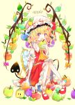  1girl :o absurdres apple apple_core apple_hair_ornament bandage bandaged_arm bandages bangs bitten_apple blonde_hair blunt_bangs bow commentary_request dress earrings english_text flandre_scarlet food food_themed_hair_ornament frilled_hat frilled_shirt_collar frills fruit full_body green_apple hair_ornament hat highres holding holding_food holding_fruit jewelry leaf looking_at_viewer mary_janes mirror neckerchief pink_bow puffy_short_sleeves puffy_sleeves rainbow_order red_apple red_dress red_eyes red_footwear shoes short_hair short_sleeves sitting skin_fang socks solo tail touhou umemaro_(siona0908) wavy_hair white_legwear wings yellow_background yellow_bow yellow_neckwear 