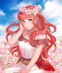  1girl blue_sky celica_(fire_emblem) cloud day earrings field fire_emblem fire_emblem_echoes:_mou_hitori_no_eiyuuou flower flower_field haru_(nakajou-28) head_wreath jewelry long_hair necklace nintendo outdoors parted_lips red_eyes red_hair sitting sky solo 