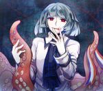  1boy aqua_hair bad_end bangs blood bob_cut cravat fukami_(wadanohara) insane licking licking_blood oounabara_to_wadanohara outline red_eyes revanche sidelocks slit_pupils smile solo spoilers tentacle 