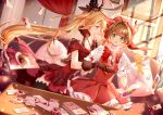  2girls antenna_hair bangs black_legwear blonde_hair blurry blurry_foreground blush bow brown_gloves brown_hair card card_captor_sakura character_request cherry_blossoms chestnut_mouth clouble clow_card commentary_request couch creature crescent crossover curtains depth_of_field dress dutch_angle eyebrows_visible_through_hair forever_7th_capital fur-trimmed_gloves fur_trim gloves green_eyes hair_between_eyes hair_intakes hat highres holding holding_card indoors kero kinomoto_sakura long_hair multiple_girls on_couch parted_lips picture_frame pillow pleated_dress profile puffy_short_sleeves puffy_sleeves red_dress red_eyes red_headwear shirt short_sleeves sleeveless sleeveless_dress sunlight sunset table thighhighs upper_teeth very_long_hair white_bow white_gloves white_shirt 