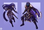  1girl armor blue_eyes blue_hair cape falchion_(fire_emblem) fingerless_gloves fire_emblem fire_emblem:_kakusei fire_emblem:_monshou_no_nazo gloves hair_between_eyes highres long_hair looking_at_viewer lucina marth mask nintendo persona persona_5 scruffyturtles simple_background smile sword tiara weapon 