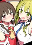  2girls armpits ascot asymmetrical_docking bare_shoulders black_hair blush bow breast_press breasts brown_eyes commentary_request detached_sleeves frilled_ascot frilled_bow frilled_shirt_collar frills green_eyes green_hair hair_bow hair_ornament hair_tubes hakurei_reimu highres jitome kochiya_sanae large_breasts long_hair long_sleeves looking_at_viewer multiple_girls open_mouth red_bow shinoba shirt sidelocks sketch snake_hair_ornament sweat touhou upper_body white_shirt yellow_neckwear 