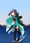  1girl ahoge annin_musou blue_sky bow_(weapon) camouflage full_body gloves hair_between_eyes hair_flaps hairband haori highres holding holding_bow_(weapon) holding_weapon japanese_clothes kantai_collection long_hair looking_to_the_side muneate neckerchief partly_fingerless_gloves purple_hair red_eyes red_neckwear remodel_(kantai_collection) ryuuhou_(kantai_collection) school_uniform serafuku sky solo taigei_(kantai_collection) weapon yugake 