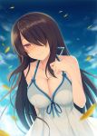  1girl aotsu_karin arm_behind_back bangs bare_arms bare_shoulders black_hair blue_dress blue_ribbon blue_sky blush breasts cleavage closed_mouth collarbone day dress hair_over_one_eye hand_on_own_chest huge_filesize large_breasts long_hair looking_at_viewer nose_blush original outdoors petals purple_eyes ribbon sky sleeveless sleeveless_dress smile solo sundress upper_body very_long_hair 