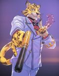  anthro bow_tie clothing crown felid gun leopard male mammal oak oaks16 ose_(tas) pantherine pawpads ranged_weapon smile solo suit tokyo_afterschool_summoners video_games weapon 