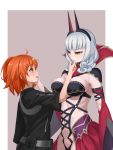  2girls absurdres ahoge black_jacket blush breasts cape carmilla_(fate/grand_order) commentary_request eyebrows_visible_through_hair fate/grand_order fate_(series) from_side fujimaru_ritsuka_(female) grey_background hand_on_another&#039;s_cheek hand_on_another&#039;s_face hand_to_own_mouth height_difference highres horns jacket kairopoda large_breasts long_hair looking_at_viewer medium_hair multiple_girls navel open_mouth orange_eyes orange_hair silver_hair simple_background two-tone_background upper_body v-shaped_eyebrows yellow_eyes yuri 