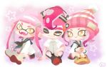  1boy 2girls :&gt; :d ankle_boots beanie black_neckwear black_shorts blue_sailor_collar bobblehat boots bright_pupils buttons closed_mouth collared_shirt domino_mask fangs hat headphones inkling long_hair long_sleeves looking_at_another mask mohawk multiple_girls neckerchief no_nose octarian octoling one-piece_swimsuit open_mouth pink_hair pink_headwear pointy_ears pom_pom_(clothes) sailor_collar school_uniform serafuku shirt short_hair short_sleeves shorts smile splatoon splatoon_(series) splatoon_2 star striped striped_hat suction_cups swimsuit white_pupils white_shirt yellow_eyes yellow_footwear yoshishi_(yosisitoho) 