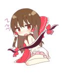  1girl bangs bare_legs barefoot bloomers blush bow brown_hair chibi commentary_request eyebrows_visible_through_hair frilled_bow frills full_body gap hair_between_eyes hair_bow hair_tubes hakurei_reimu holding_skirt jitome long_hair looking_at_viewer red_bow red_eyes red_skirt shinoba sidelocks simple_background sitting skirt solo sweat thighs topless touhou underwear wariza white_background white_bloomers 