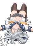  1girl :d artist_name black_legwear blue_eyes blue_sailor_collar blush breasts breasts_apart commentary_request dated from_behind grey_skirt groin hair_ornament hairclip hamakaze_(kantai_collection) highres kantai_collection knees_up large_breasts looking_at_viewer looking_back lying miniskirt navel neckerchief no_bra on_back open_clothes open_mouth open_shirt outstretched_arms pantyhose pantyhose_pull pleated_skirt sailor_collar school_uniform serafuku shirt short_hair short_sleeves silver_hair simple_background skirt smile smug solo t2r tareme unbuttoned unbuttoned_shirt undone_neckerchief v-shaped_eyebrows white_background white_shirt yellow_neckwear 