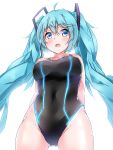  1girl :d absurdres ahoge aqua_hair arms_behind_back bangs bare_shoulders black_swimsuit blue_eyes blush breasts covered_navel cowboy_shot eyebrows_visible_through_hair from_below glowing gluteal_fold harukawa_(hal501) hatsune_miku highres long_hair looking_at_viewer looking_down medium_breasts open_mouth simple_background smile solo swimsuit tareme touhou very_long_hair vocaloid white_background 