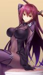  bodysuit breasts covered_navel cup_ramen emanon123 fate/grand_order fate_(series) gae_bolg gradient gradient_background hair_intakes highres holding holding_weapon impossible_bodysuit impossible_clothes large_breasts leotard long_hair looking_at_viewer pauldrons polearm purple_bodysuit purple_hair purple_leotard red_eyes scathach_(fate)_(all) scathach_(fate/grand_order) sholding shoulder_armor simple_background sitting smile solo spear weapon 