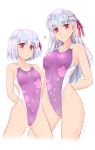  2girls :&lt; adapted_costume arms_behind_back bangs bare_arms bare_shoulders blush breasts cameltoe character_name closed_mouth clothes_writing collarbone competition_swimsuit cowboy_shot dual_persona earrings erect_nipples eyebrows_visible_through_hair fate/grand_order fate_(series) floral_print gluteal_fold hair_ornament heart height_difference highleg highleg_swimsuit highres jewelry kama_(fate/grand_order) long_hair looking_at_viewer medium_breasts multiple_girls onaya_masakazu one-piece_swimsuit pink_eyes pink_ribbon print_swimsuit purple_swimsuit ribbon short_hair signature silver_hair simple_background small_breasts smile sweat swimsuit tareme white_background 