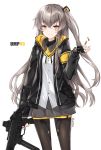  1girl bangs black_gloves black_jacket blush brown_eyes brown_hair brown_legwear bullet character_name closed_mouth commentary_request dress_shirt eyebrows_visible_through_hair fingerless_gloves fingernails girls_frontline gloves grey_skirt gun h&amp;k_ump45 hair_between_eyes highres holding holding_gun holding_weapon jacket juna long_hair one_side_up open_clothes open_jacket pantyhose pleated_skirt shirt simple_background skirt smile solo twitter_username ump45_(girls_frontline) very_long_hair weapon white_background white_shirt 