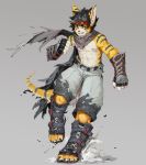  abs action_pose anthro athletic boots cape claws clothed clothing digital_media_(artwork) footwear fur fxuemo gloves green_eyes hi_res looking_at_viewer male mammal nipples pose shorts simple_background smile solo standing topless unknown_species yellow_fur 