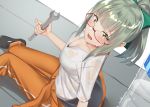 1girl bespectacled black_footwear blush bottle bow bra bra_slip breasts cleavage commentary_request dutch_angle eyebrows_visible_through_hair glasses green_bra grey_hair hair_bow holding_wrench kantai_collection long_hair looking_at_viewer medium_breasts open_mouth orange_pants pallad ponytail red-framed_eyewear see-through semi-rimless_eyewear shirt short_sleeves sitting solo underwear wet wet_clothes wet_shirt white_shirt yellow_eyes yuubari_(kantai_collection) 