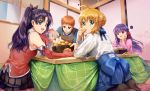  1boy 4girls :d ahoge apron artoria_pendragon_(all) black_hair black_legwear black_skirt blonde_hair blue_eyes blue_ribbon blue_shirt blue_skirt braid brown_eyes brown_hair chin_rest commentary_request crown_braid eating elbow_gloves emiya-san_chi_no_kyou_no_gohan emiya_shirou eyebrows_visible_through_hair fate_(series) food fruit gloves green_eyes hair_ribbon holding holding_food holding_fruit illyasviel_von_einzbern indoors kaze-hime kotatsu long_hair long_sleeves looking_at_viewer looking_back mandarin_orange matou_sakura multiple_girls open_mouth pink_shirt pleated_skirt purple_eyes purple_hair red_eyes red_gloves red_ribbon red_shirt ribbon saber seiza shirt sitting skirt sleeveless sleeveless_shirt smile table tohsaka_rin two_side_up white_shirt window 