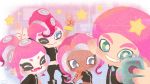  2boys 2girls :d ;&gt; ^_^ afro arms_up black_footwear black_pants blue_eyes boots bright_pupils chibi closed_eyes closed_mouth dark_skin double_v eyes_closed fangs green_eyes grey_eyes grin holding long_hair mohawk multiple_boys multiple_girls no_nose octarian octoling open_mouth pants pink_hair ponytail self_shot short_hair single_sleeve smile splatoon splatoon_(series) splatoon_2 splatoon_2:_octo_expansion star suction_cups teeth tentacle_hair v yoshishi_(yosisitoho) zipper 