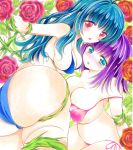  2girls bara bikini blue_bikini blue_eyes blue_hair breasts cleavage colored_pencil_(medium) flower large_breasts long_hair looking_at_viewer marker_(medium) medium_hair multiple_girls original pink_bikini purple_hair red_eyes rose swimsuit traditional_media twobee very_long_hair 