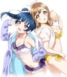  2girls :d :o ass-to-ass bangs bare_legs bare_shoulders bikini blue_hair blush book bow breasts brown_hair cleavage cleavage_cutout collarbone eyebrows_visible_through_hair frilled_bikini frills hair_bun hair_ornament hair_scrunchie headband highres jacket kunikida_hanamaru lavender_bikini long_hair long_sleeves looking_at_viewer looking_to_the_side love_live! love_live!_sunshine!! medium_breasts medium_hair multiple_girls navel open_mouth purple_bow purple_eyes rozen5 scrunchie side_bun side_ponytail simple_background small_breasts smile swimsuit tsushima_yoshiko upper_teeth v v_over_eye white_background white_scrunchie yellow_bikini yellow_bow yellow_eyes 