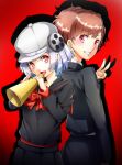  2girls :d absurdres back-to-back black_jacket black_sailor_collar black_shirt black_skirt bow bowtie brown_hair character_request female_protagonist_(persona_3) grin hat highres holding imo_(evekelu-111) jacket long_sleeves looking_at_viewer multiple_girls open_mouth persona_q2:_new_cinema_labyrinth pleated_skirt red_background red_bow red_eyes red_neckwear sailor_collar shadow shirt short_hair silver_hair skirt smile v white_headwear 