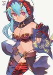  1girl blue_hair breasts character_name cleavage closed_mouth cloud cowboy_shot electricity flower_knight_girl guemi_(ba11f0rm3) hair_between_eyes highres hood large_breasts long_hair looking_at_viewer navel oni_horns oniyuri_(flower_knight_girl) red_eyes red_legwear simple_background smile solo thighhighs white_background 