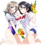  2girls :d ass bangs bare_legs barefoot black_hair blouse blue_eyes blush bow bowtie breasts commentary cousins curvy eyebrows_visible_through_hair family grey_hair hand_holding highres looking_at_viewer love_live! love_live!_sunshine!! medium_breasts multiple_girls neckerchief no_pants one-piece_swimsuit one_eye_closed open_mouth purple_eyes rozen5 sailor_collar school_uniform see-through shirt short_hair short_sleeves sidelocks simple_background skindentation smile swimsuit teeth watanabe_tsuki watanabe_you water_drop water_gun wet wet_clothes wet_hair white_background white_shirt 