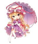  1girl blonde_hair bow breasts chibi choker commentary_request dress full_body garter_straps gloves hair_bow hat hat_ribbon head_tilt holding holding_umbrella long_hair looking_at_viewer medium_breasts mob_cap open_mouth petticoat puffy_short_sleeves puffy_sleeves purple_dress purple_eyes purple_footwear red_bow red_choker red_ribbon ribbon ribbon_choker shinoba shoes short_sleeves simple_background smile solo thighhighs thighs touhou umbrella very_long_hair white_background white_gloves white_headwear white_umbrella yakumo_yukari 