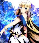  1girl absurdres bangs blonde_hair blue_eyes blunt_bangs bracelet divine_gate dress floating_hair from_side getsuyoubi highres jewelry long_hair looking_at_viewer parted_lips sleeveless sleeveless_dress solo standing very_long_hair white_dress 