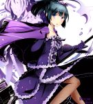  1girl bangs black_hair blue_eyes cape copyright_name divine_gate dress elbow_gloves fishnet_legwear fishnets getsuyoubi gloves hair_ornament holding layered_dress looking_at_viewer official_style ponytail purple_cape purple_dress purple_gloves solo strapless strapless_dress white_background 