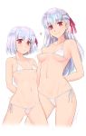  2girls :&lt; arms_behind_back bangs bikini blush breasts cameltoe closed_mouth collarbone cowboy_shot dual_persona earrings erect_nipples eyebrows_visible_through_hair fate/grand_order fate_(series) gluteal_fold hair_ornament heart height_difference highres jewelry kama_(fate/grand_order) long_hair looking_at_viewer medium_breasts micro_bikini multiple_girls navel onaya_masakazu pink_eyes pink_ribbon ribbon short_hair side-tie_bikini signature silver_hair simple_background small_breasts smile stomach strap_gap sweat swimsuit tareme underboob white_background white_bikini white_ribbon 