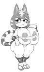  2019 3_toes animal_crossing ankha_(animal_crossing) anthro areola big_breasts blush breasts clothed clothing digital_media_(artwork) domestic_cat egyptian eyelashes eyeshadow felid feline felis female footwear hair hi_res huge_breasts makeup mammal mangneto monochrome nintendo noseless sandals simple_background solo standing sweat thick_thighs toes video_games voluptuous white_background 