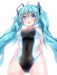  1girl :d absurdres ahoge aqua_hair arms_behind_back bangs bare_shoulders blue_eyes blush breasts covered_navel cowboy_shot eyebrows_visible_through_hair from_below glowing gluteal_fold harukawa_(hal501) hatsune_miku highres long_hair looking_at_viewer looking_down medium_breasts open_mouth simple_background smile solo tareme touhou very_long_hair vocaloid white_background 