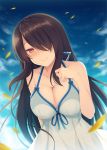  1girl aotsu_karin arm_behind_back bangs bare_arms bare_shoulders black_hair blue_dress blue_ribbon blue_sky blush breasts cleavage closed_mouth collarbone commentary_request day dress hair_over_one_eye hand_on_own_chest large_breasts long_hair looking_at_viewer nose_blush original outdoors petals purple_eyes revision ribbon sky sleeveless sleeveless_dress smile solo sundress upper_body very_long_hair 