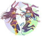  2girls animal_ears bodysuit brown_eyes brown_hair bunny_ears bunny_girl bunny_tail dual_persona highres iesupa long_hair multiple_girls rwby shorts tail velvet_scarlatina 