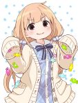  1girl bangs blonde_hair blue_bow blue_dress blush bow brown_eyes brown_jacket candy_wrapper collared_dress ddak5843 dress eyebrows_visible_through_hair futaba_anzu hair_bow hands_up idolmaster idolmaster_cinderella_girls jacket long_hair long_sleeves low_twintails open_clothes open_jacket parted_lips plaid plaid_dress sleeves_past_fingers sleeves_past_wrists smirk solo striped striped_bow twintails very_long_hair white_background 
